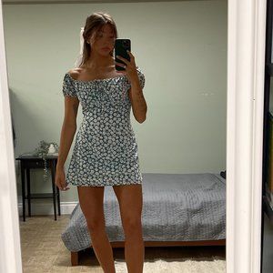 Blue Floral Slip Dress with puff sleeves and zipper at back